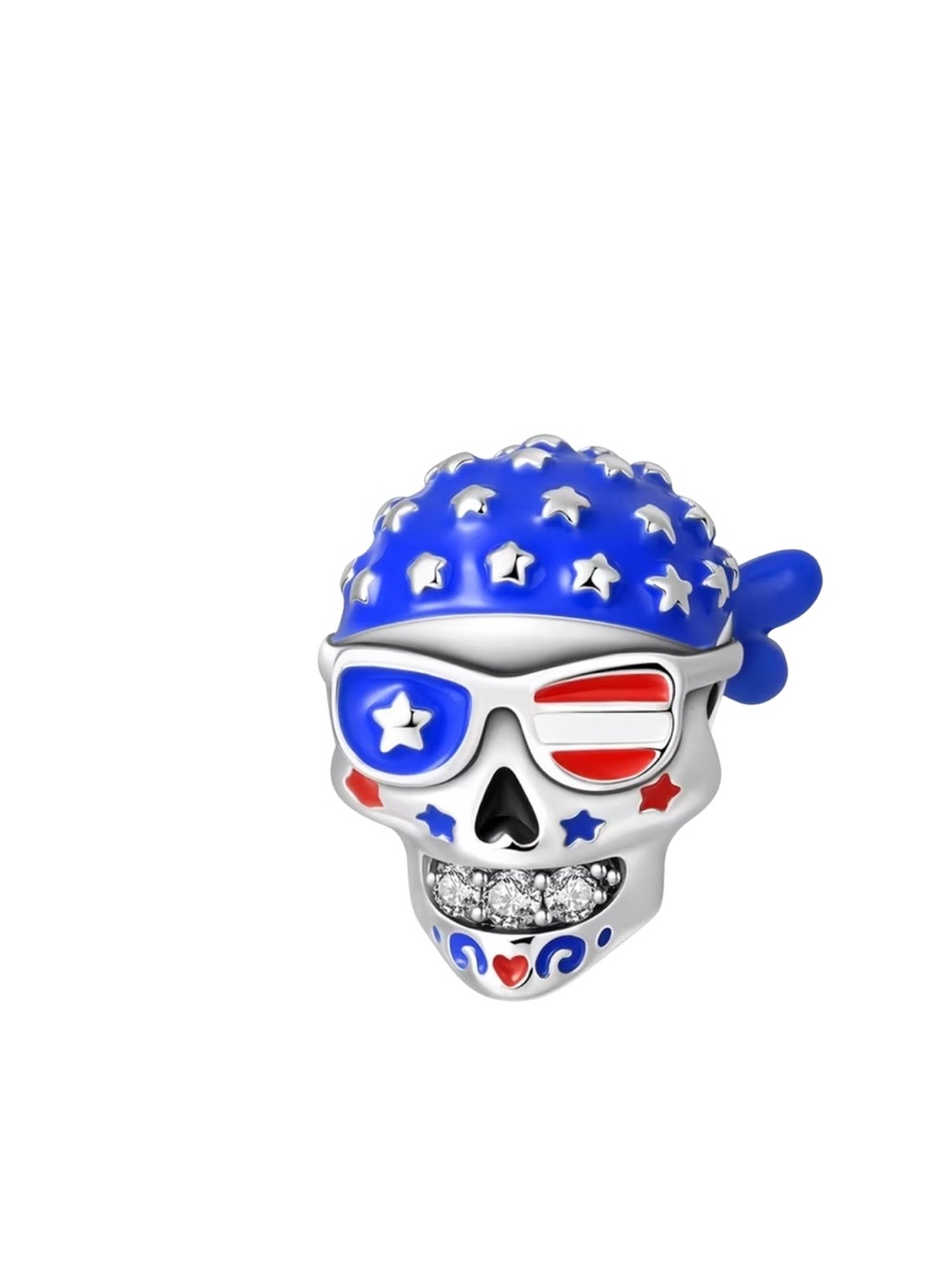 🇺🇸 Sterling Silver Patriotic Skull Red White Blue Charm